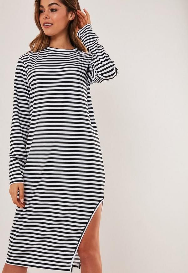 Black Stripe Print Side Split Midi Dress | Missguided (US & CA)