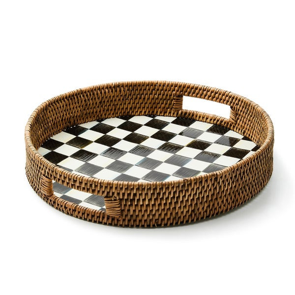 MacKenzie-Childs Courtly Check Enamel & Rattan Round Serving Tray | MacKenzie-Childs