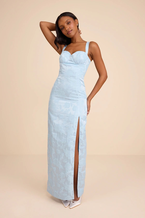 Demina Light Blue Floral Jacquard Bustier Maxi Dress | Summer Outfits 2026 | Lulus