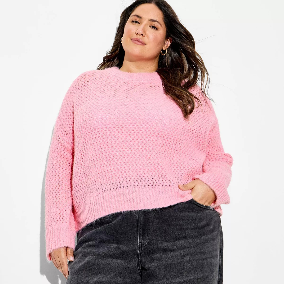 Women's Openwork Crewneck Pullover Sweater - Wild Fable™ Pink XXL | Target