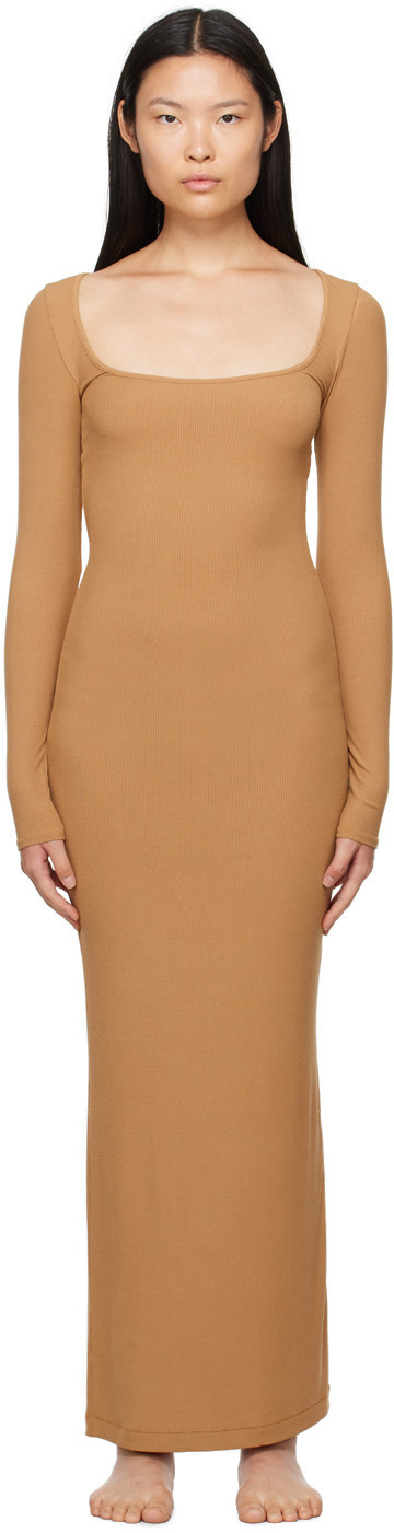 SKIMS Tan Soft Lounge Long Sleeve Maxi Dress | SSENSE