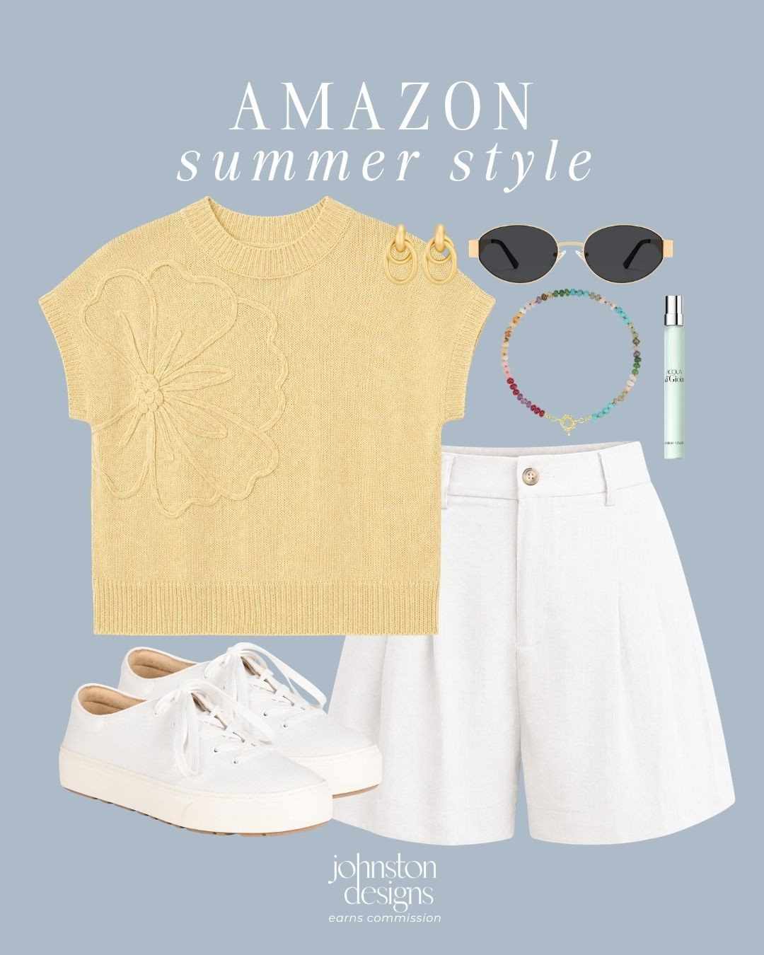 Amazon summer outfit idea. 💛 Love this yellow knit top paired with white shorts, sneakers, sunnies, and simple accessories for an effortless warm weather look.

Amazon outfit, amazon fashion, amazon summer style, summer outfit, yellow top, white shorts, white sneakers, summer sneakers, casual summer outfit, vacation outfit, warm weather outfit, amazon finds, amazon style, everyday outfit, weekend outfit, summer accessories, sunglasses, summer fashion, outfit inspo, easy summer look 

 #LTKootd #LTKSeasonal