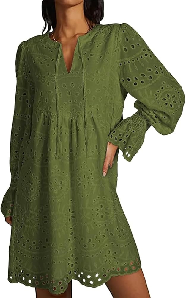utcoco Womens 2024 Eyelet Dress Casual Loose Tassel V Neck Long Sleeve A Line Lace Hollow Out Ruf... | Amazon (US)
