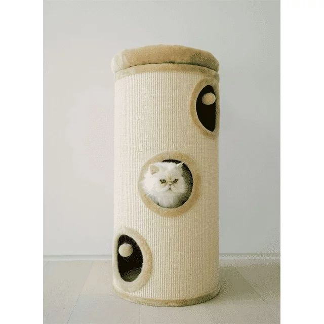 PAWMONA 38.5" 3 Story Cat Tree Condo Barrel Tower - Natural Sisal-Covered Scratch Cat Tree Barrel... | Walmart (US)