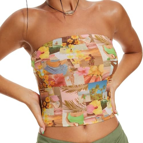 Women Y2k Floral Tube Tops Flower Print Strapless Sleeveless Bandeau Tops Summer Going Out Cropped Tube Tops | Amazon (US)