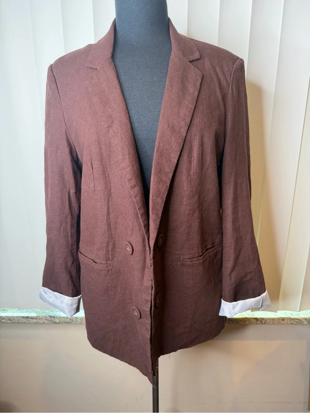 Tahari brown linen-blend double-breasted open blazer lined in stripes Size Large | Poshmark