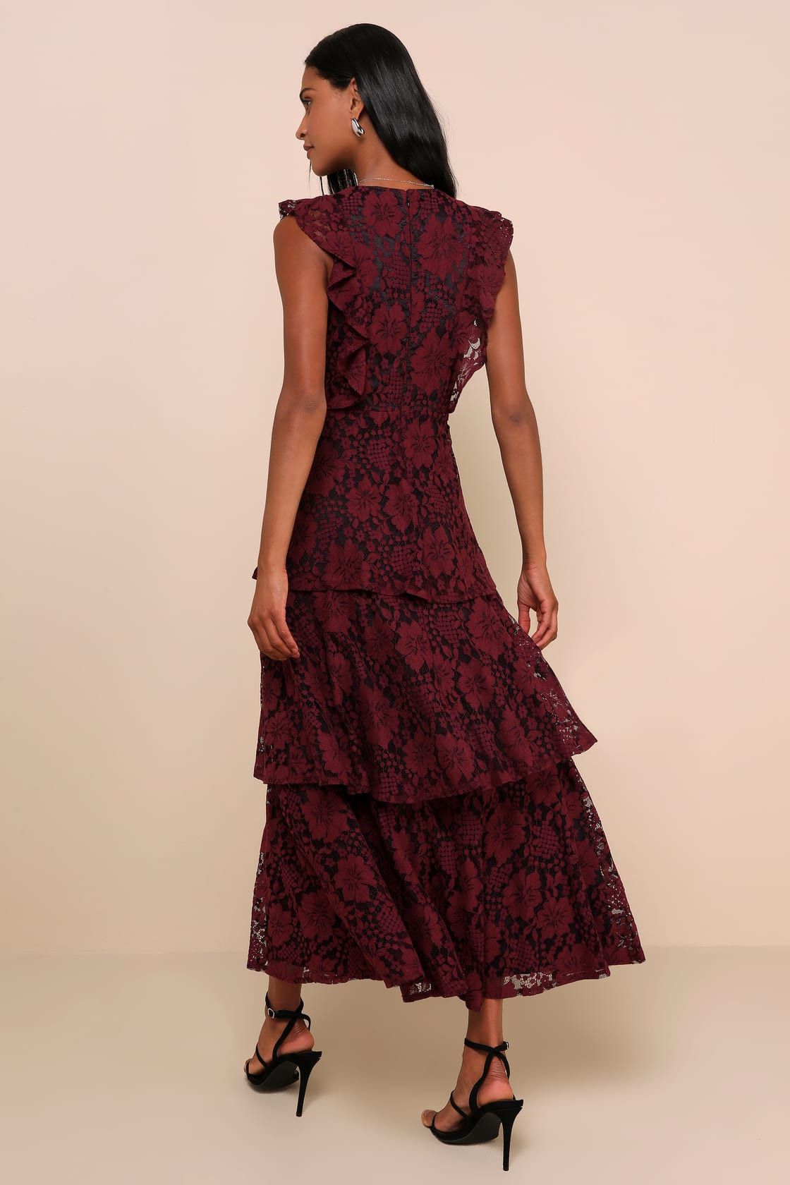 Molinetto Burgundy Lace Ruffled Tiered Sleeveless Maxi Dress | Lulus