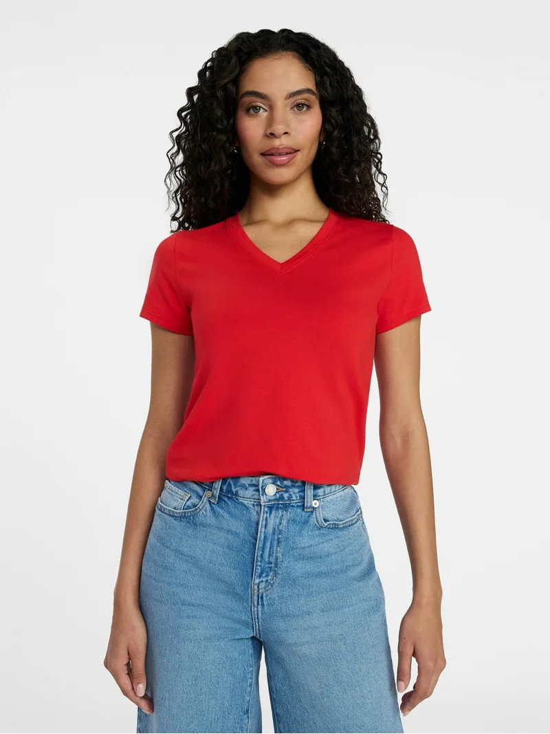 Time and Tru Women's Slim V Neck Tee with Short Sleeves, Sizes XS-XXXL | Walmart (US)