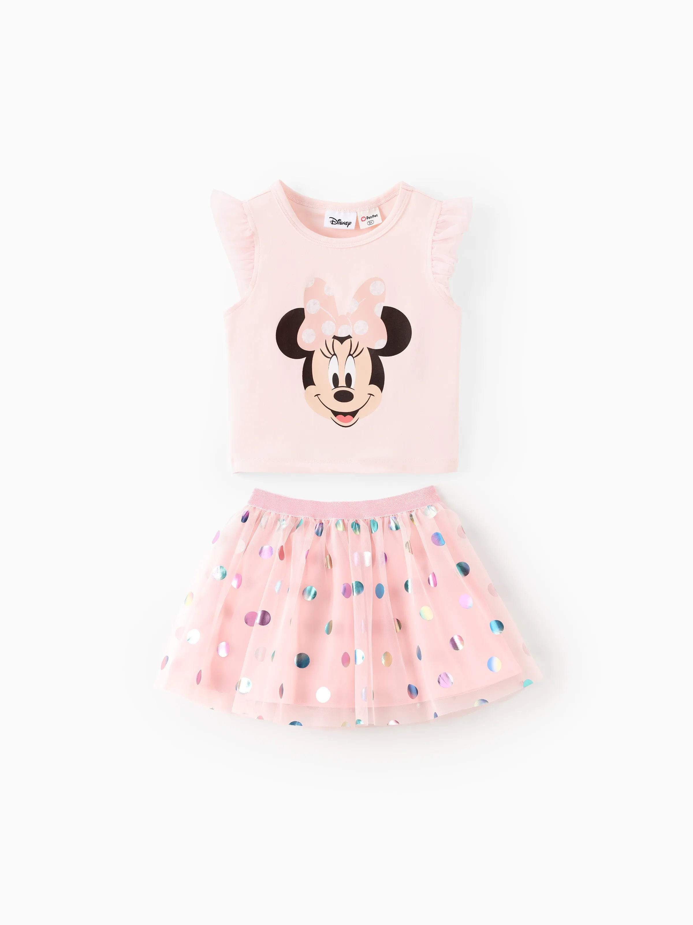 Disney Mickey and Friends Toddler Girl 2pcs Minnie Mouse Ruffle-sleeve Top and Polka dots Mesh Skirt Set Light Pink - Light Pink / 3 Years | PatPat
