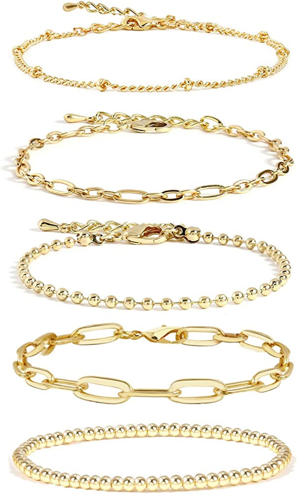 CONRAN KREMIX Gold Chain Bracelet Sets for Women Girls 14K Gold Plated Dainty Link Paperclip Brac... | Amazon (US)