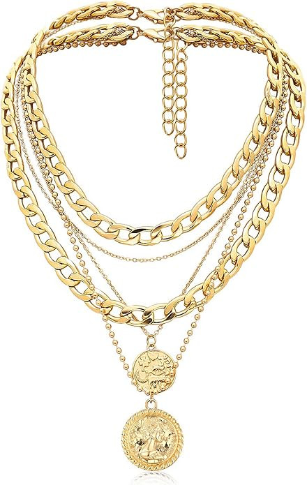 MJartoria Layered Necklaces for Women Trendy Retro Coin Pendant Necklace Dainty Chunky Chain Neck... | Amazon (US)