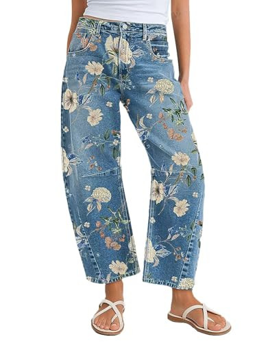 Flamingals Barrel Jeans for Women Trendy Mid Rise Floral Printed Cropped Jeans Relax Fit Stretch Denim Ankle Pants Light Blue XL | Amazon (US)