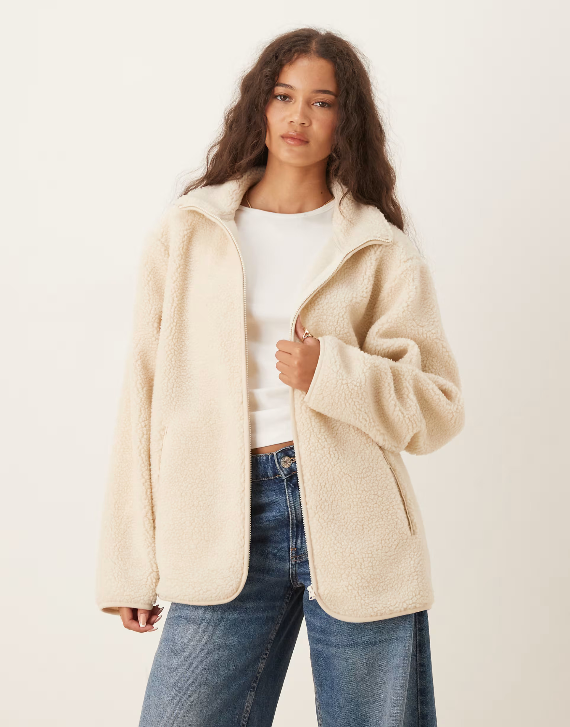 ASOS DESIGN borg zip through fleece in cream | ASOS (Global)