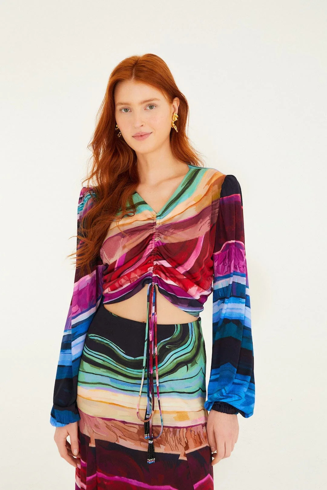 Multicolor Precious Gems Long Sleeve Draped Top | FARM Rio | FarmRio (US)