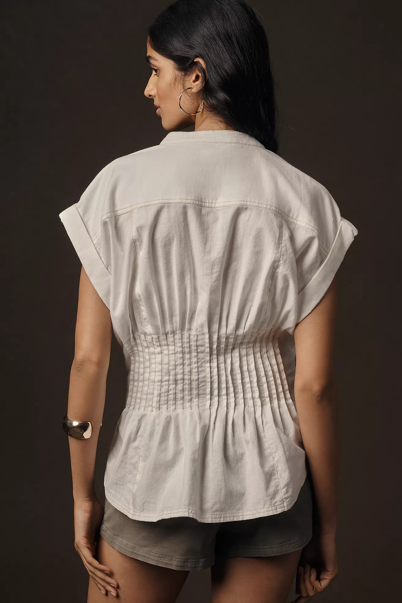 Pilcro Short-Sleeve Pleated Corset Blouse | Anthropologie (US)