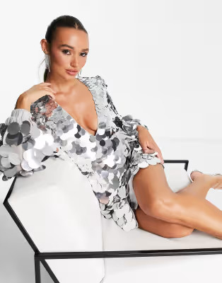 ASOS DESIGN disc embellished mini dress with tie detail in silver | ASOS (Global)