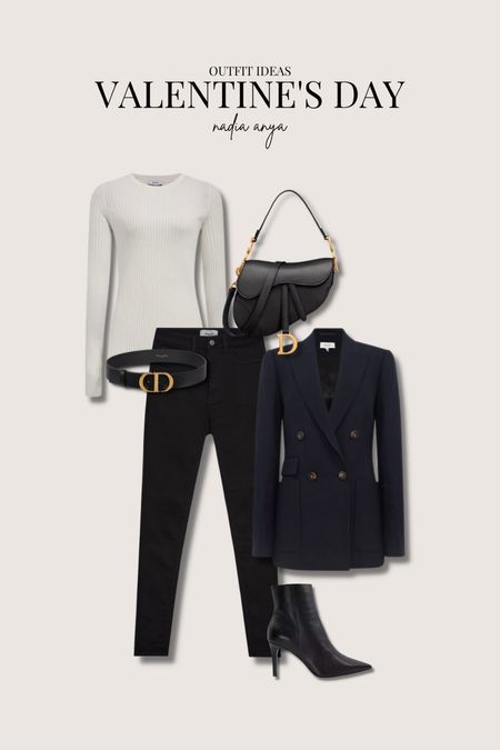 Valentine’s Day outfit ideas - dressing up simple pieces for a chic cocktails look. New look black skinny jeans, Reiss navy blue structured blazer, Reiss cream rib long sleeve top, black heeled ankle boots, dior black saddle bag, dior black belt  

#LTKstyletip #LTKshoecrush #LTKitbag