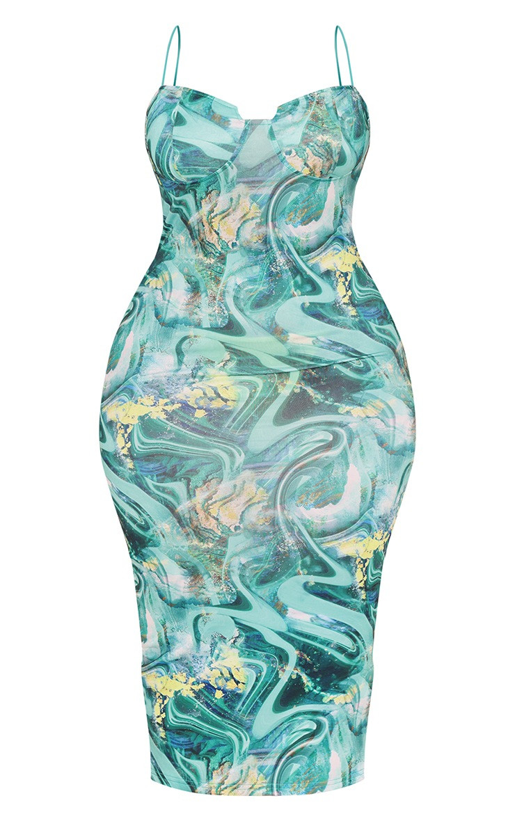 Plus Green Swirl Crinkle Rib Cup Detail Midi Dress | PrettyLittleThing US