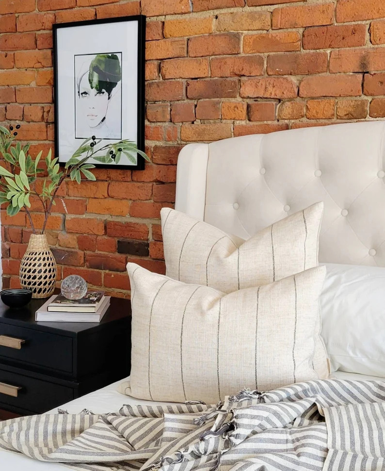 Beige and Black Stripes Farmhouse Pillow, Modern Throw Pillow Cover 20x20, Woven Black Stripes, E... | Etsy (US)