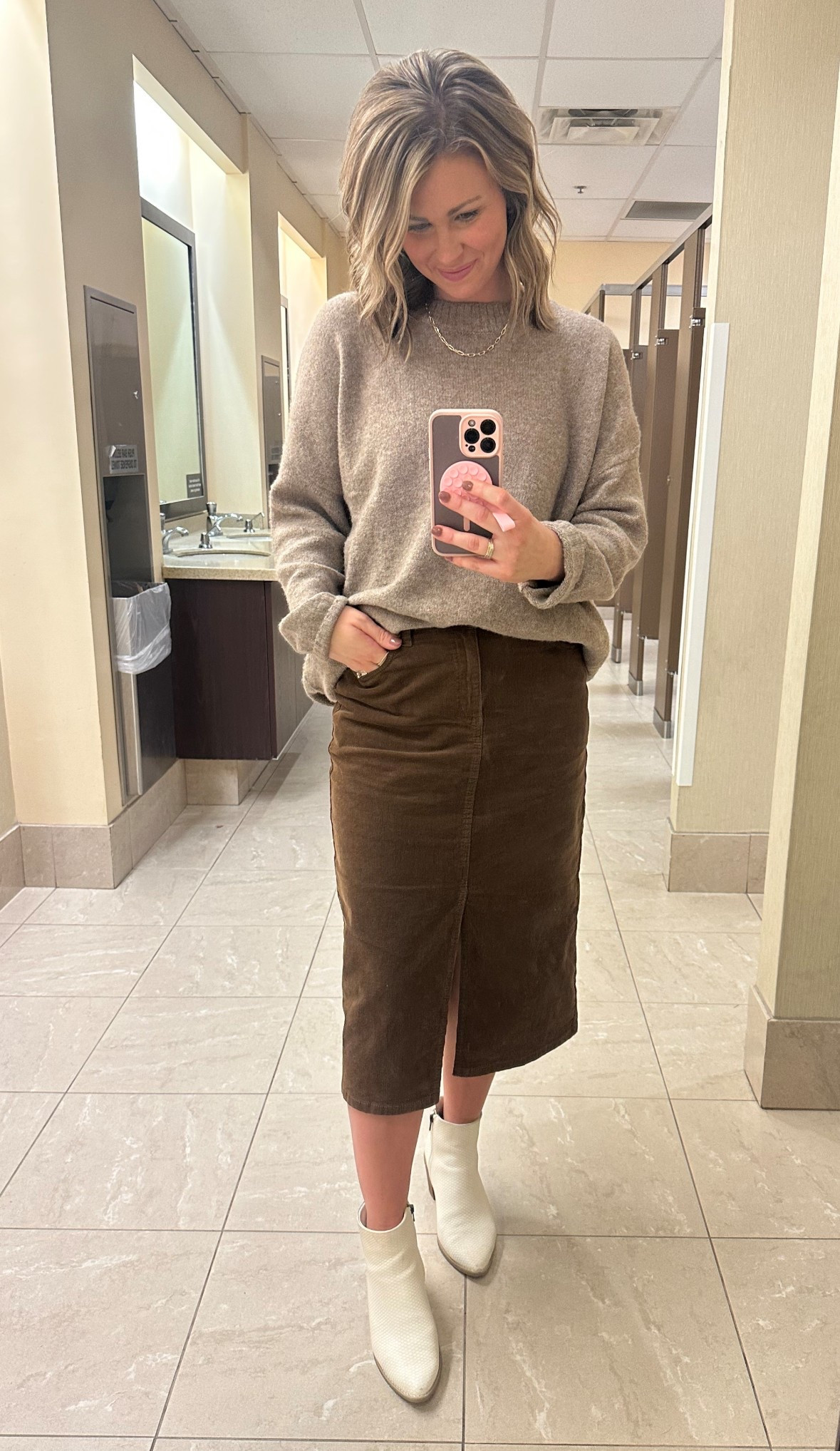 Only photo I grabbed today but this corduroy skirt has so much stretch and is so comfy, the brown would be a great option for Thanksgiving outfit! I suggest sizing down one, and under $20. // #atthealiway #ootd #walmartstyle  

#LTKHoliday #LTKMidsize