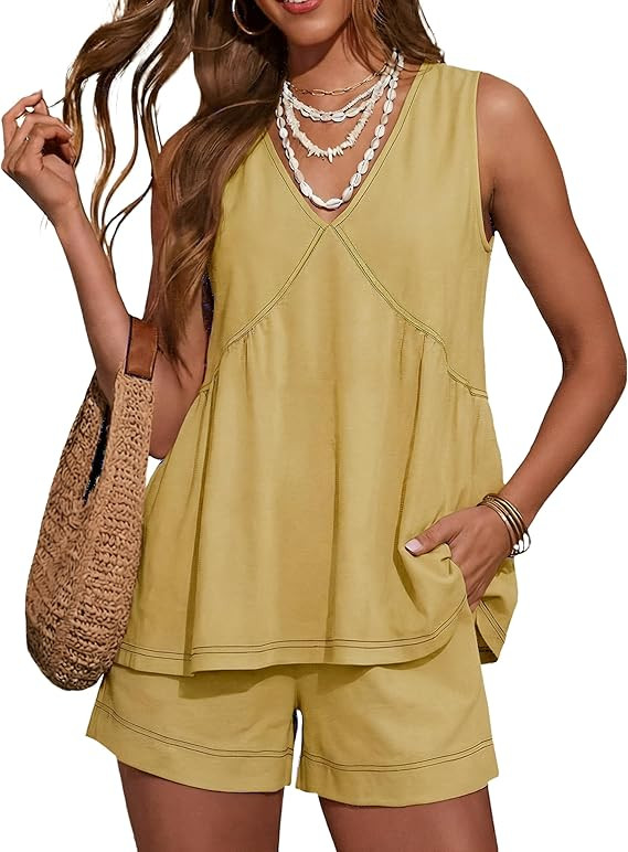 Hooever Women's Sleeveless V Neck Ruffle 2 Piece Set Loose Tunic Top with Shorts Summer Boho Casu... | Amazon (US)