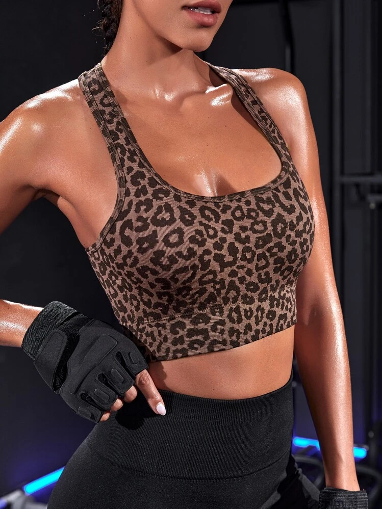 Powerista Leopard Print Racer Back Sports Bra | SHEIN