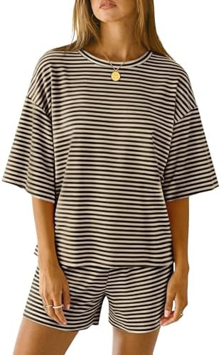 LOMON Two Piece Sets for Women Summer 3/4 Sleeve Tops and Elastic Waist Shorts Pajamas Cute Comfy... | Amazon (US)