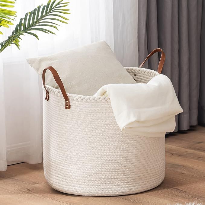 YOUDENOVA Large Laundry Hamper, Woven Rope White Basket, Big Modern Cloth Hamper in College Dorm,... | Amazon (US)