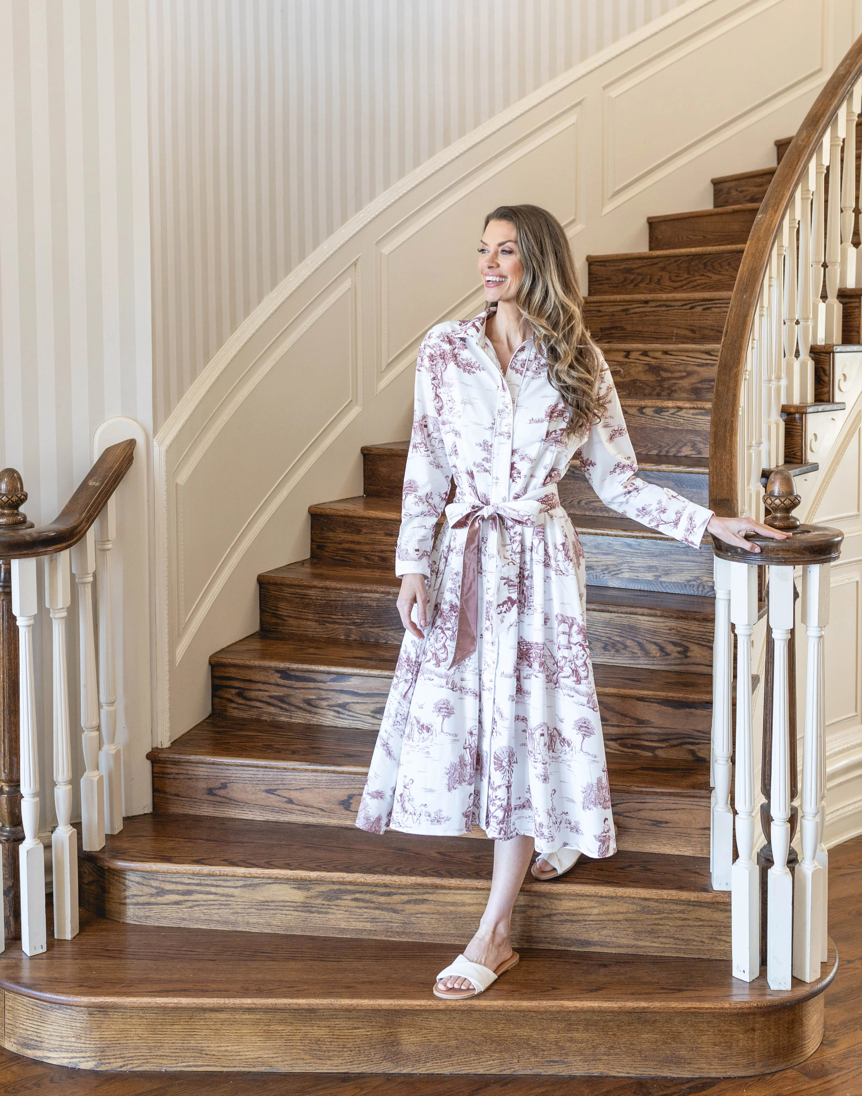 Jill Dress in Brown Dutch Toile – Lightweight Long Sleeve Shirt Dress with Sash | Kim Lolley Designs