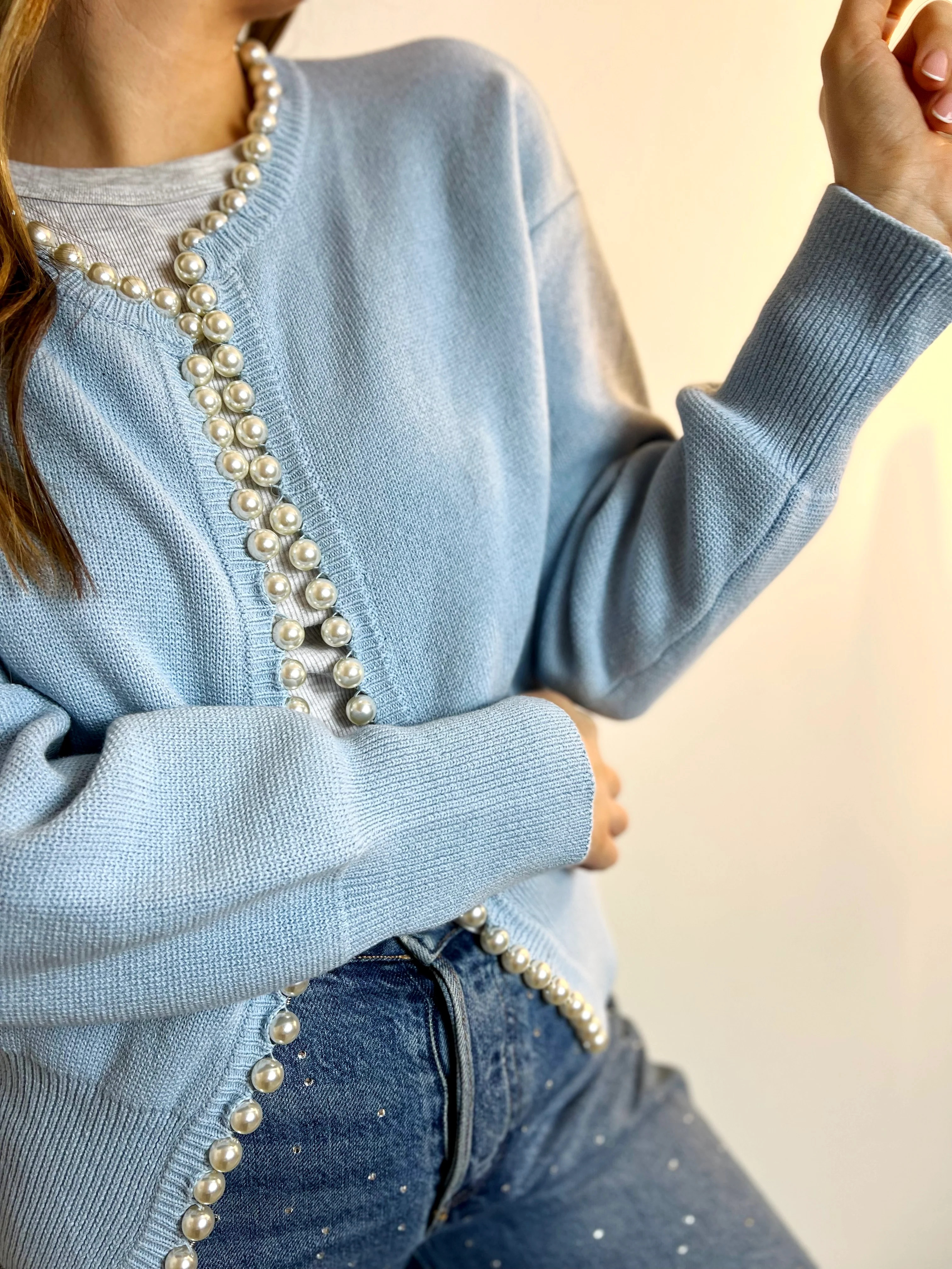 Charlotte pearl trim cardigan in cornflower blue | Self-same