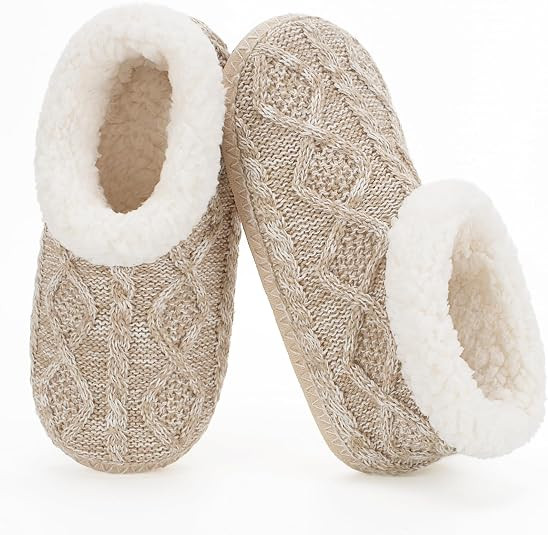 Cable Knit House Slippers for Women Indoor, Sherpa Fleece Lined Soft Loafer Shoes, Winter Warm Fl... | Amazon (US)