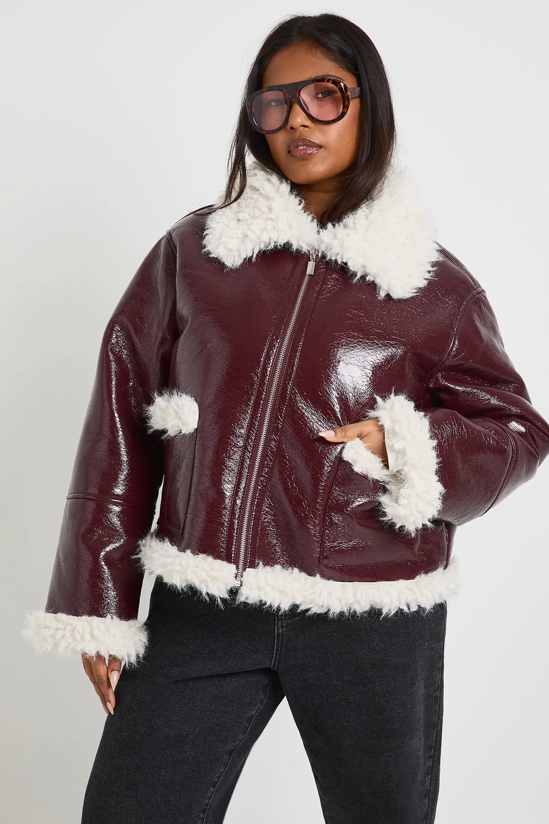 Plus Vinyl Faux Fur Trim Jacket | boohoo (US & Canada)