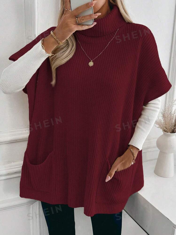 SHEIN Franclia Loose Casual Turtleneck Pocket Sweater Dress For Women For New Year Clothes | SHEIN