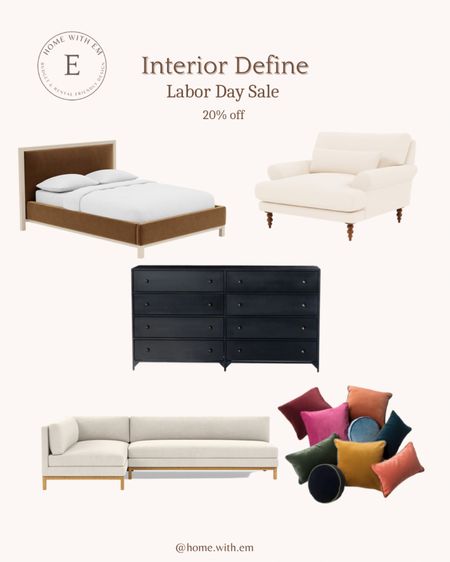 Its Interior Define's Labor day sale. They are offering up to 20% off everything through 9/6. 
Customization options include 125+ fabrics, 20+ finishes, and styles of legs, functionality customizations like hidden storage and built-in sleepers, and multiple depths and lengths. 
Customize a sofa to fit how you live and what you love.
Interior Define just launched their bedroom collection. Create your best night's sleep with a custom bedframe, and dreamy decor, completely curated by you. Sectional couch, accent chair, bedroom dresser, bed frame, throw pillows.

#LTKhome #LTKstyletip #LTKsalealert