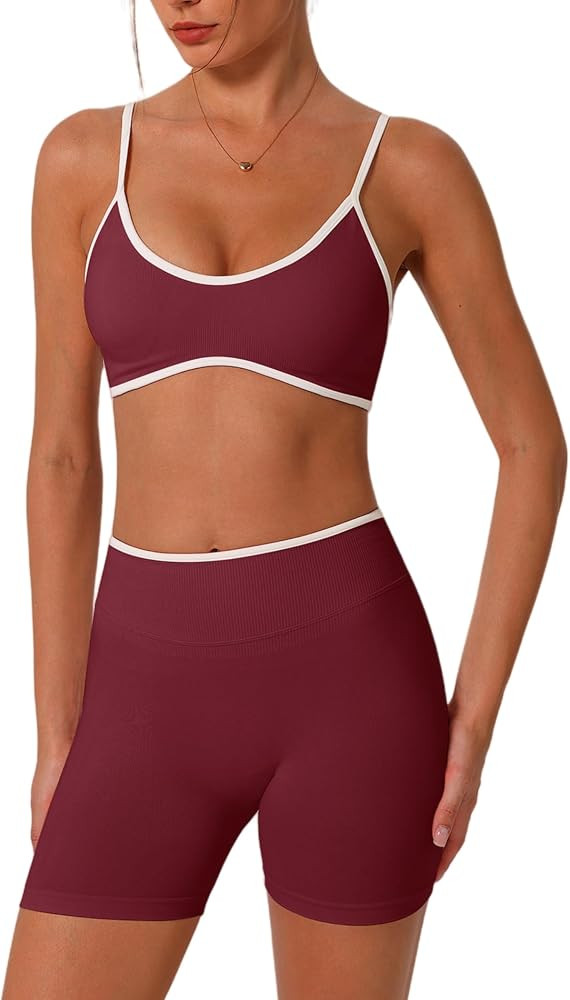 ABOCIW Workout Sets for Women Color Block Sports Bra Hidden Scrunch High Waist Biker Shorts 2 Pie... | Amazon (US)