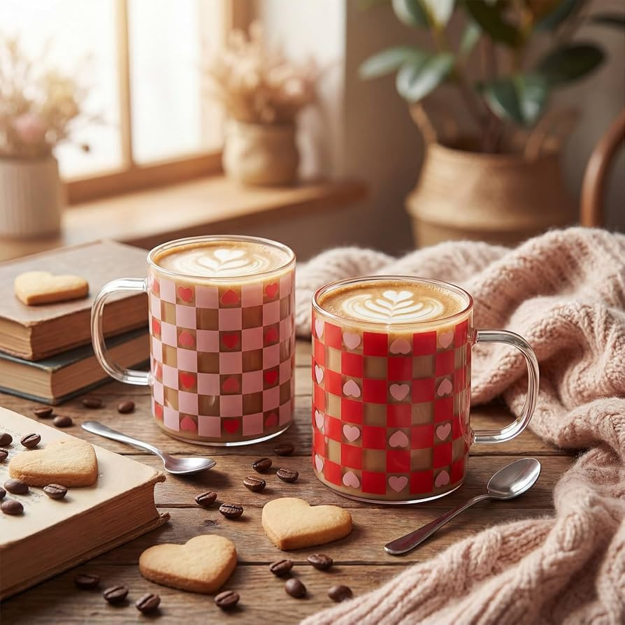 2 Pcs Valentine Mugs Valentine's Day Checkered Heart Cups 12 oz Cute Conversation Heart Drinking ... | Amazon (US)