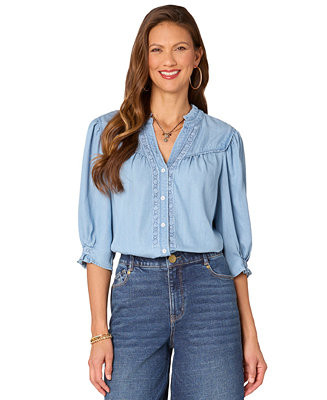 Petite Crochet-Trim Chambray Button-Front Shirt | Macy's