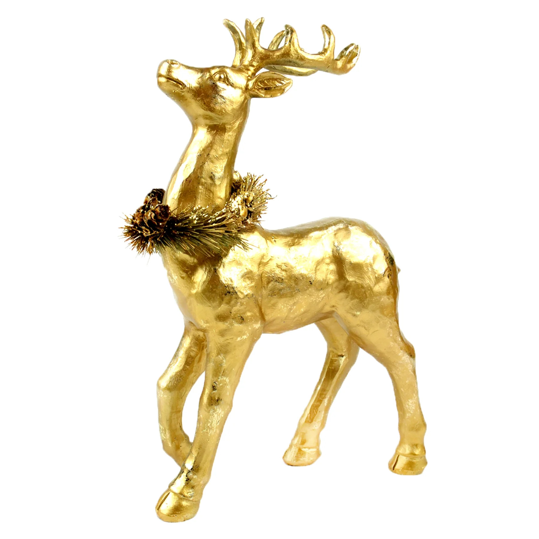 13" Metallic Gold Standing Reindeer with Wreath Around Neck Christmas Figurine | Walmart (US)