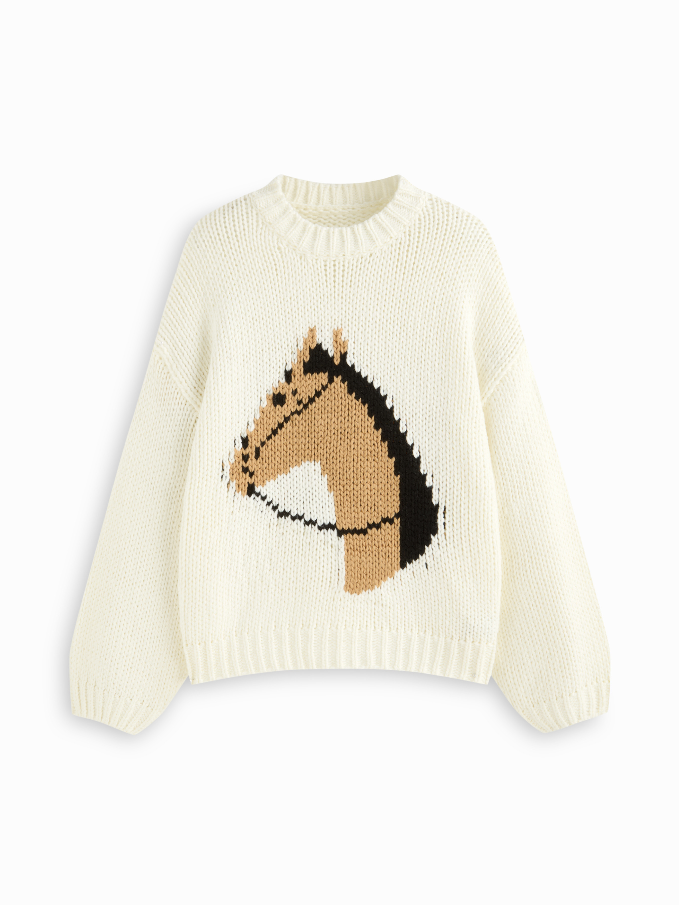 Knit Fabric Knit Round Neck Horse Pattern Oversized Chunky Sweater For Daily Casual | Cider