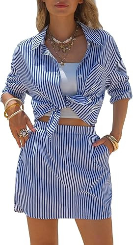 EXLURA Womens Summer 2 Piece Sets 100% Cotton Striped Long Sleeve Button Shirts Matching Skirt Be... | Amazon (US)