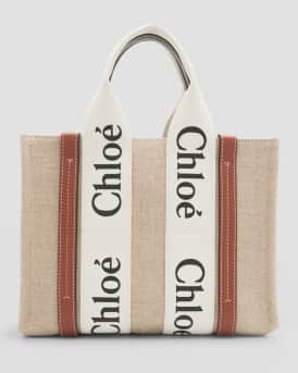 Chloe Woody Small Tote Bag in Linen with Crossbody Strap | Neiman Marcus
