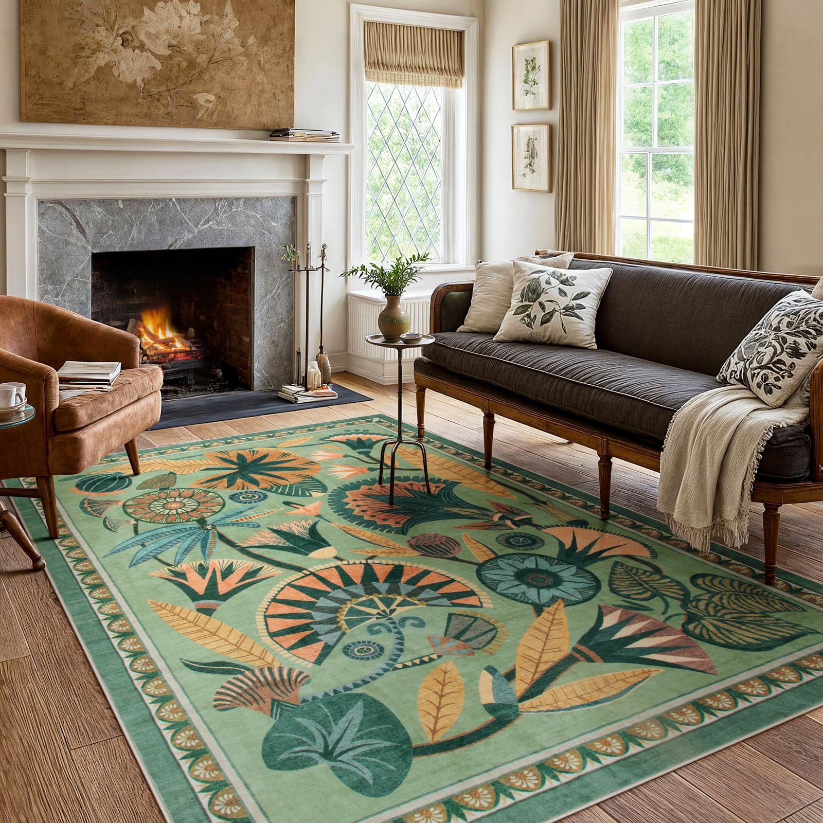 5x7 Floral Rug, Green Rug for Living Room, Washable Low Pile Bedroom Rugs, Non Slip Throw Rugs wi... | Amazon (US)