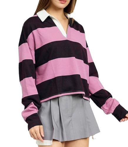 Women Oversized Striped Polo Shirt Vintage Long Sleeve Cropped Rugby Top Lapel Collar Y2k Pullover Tee Streetwear(Pink,Medium) | Amazon (US)
