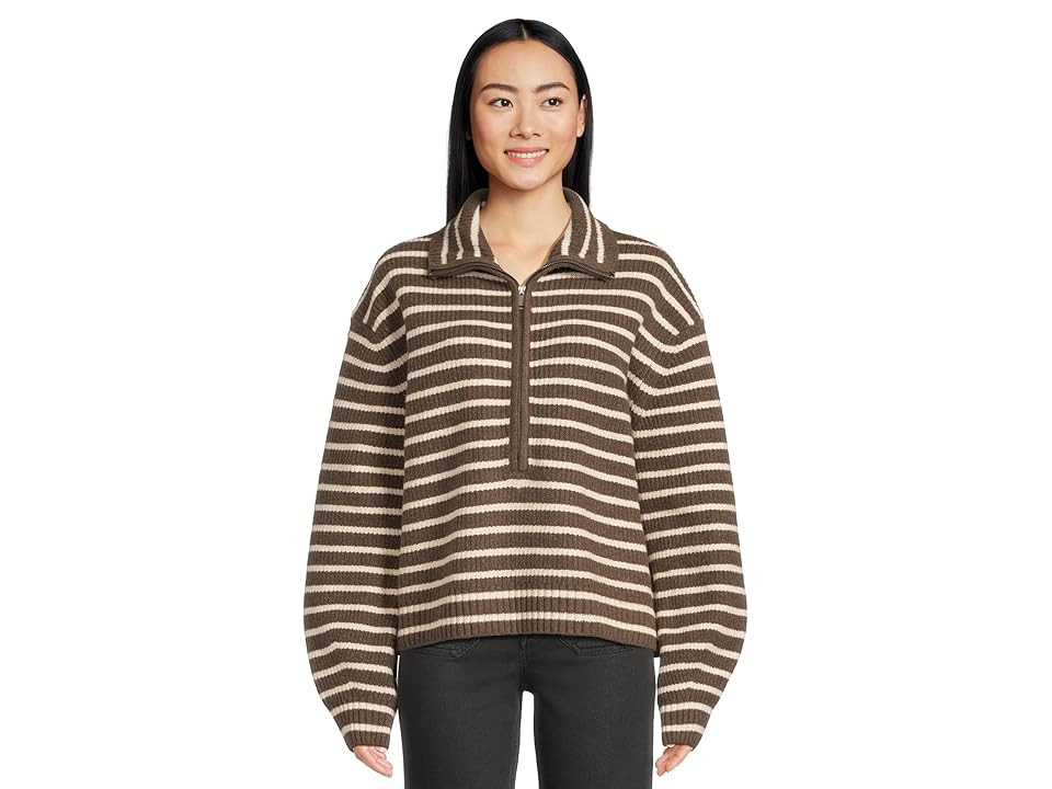 Faherty Jackson Quarter Zip Women's Sweater Mocha Stripe : MD, Cotton/Elastane/Nylon | Zappos