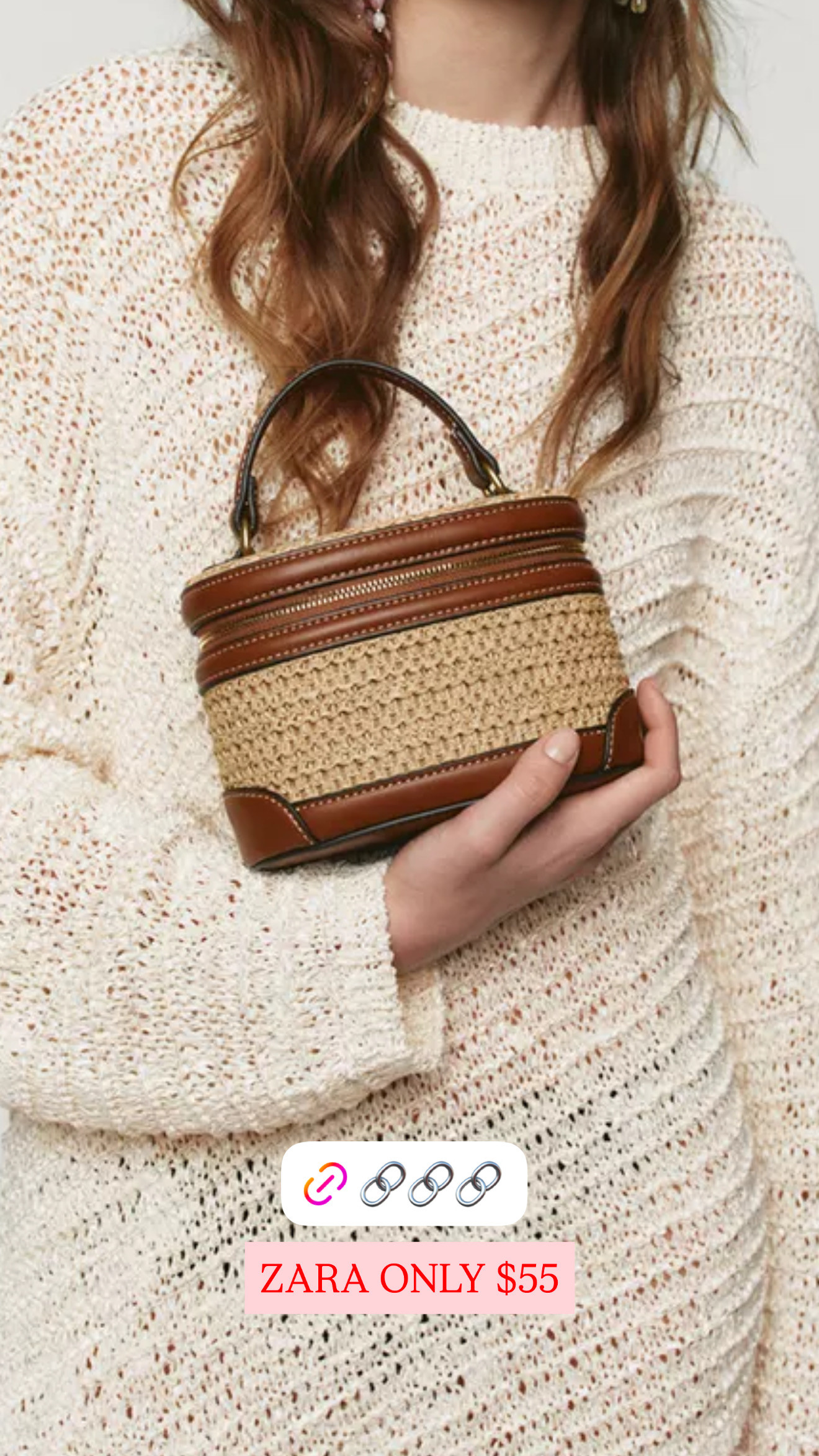 The $55 bag that looks like it has no business being $55.
Zara's Woven Vanity Bag is paper weave with a structured boxy shape, topstitching detail, and a metal double-pull zipper — it reads artisan market in the best way. It comes with a removable crossbody strap, so it works as a top-handle clutch situation or a hands-free bag depending on what the day requires.
At 7.3 inches wide it's genuinely functional — not a "fits your phone and one lip gloss" situation. Think: phone, cards, keys, sunglasses case if you push it.
The honest note: it's 100% paper exterior, which means it's not a bag you want caught in a rainstorm. Great for dinners, travel days, farmers markets, beach towns — less great for unpredictable weather days. Treat it accordingly and it holds up fine.
Style it with linen wide-legs and a simple tank, or let it be the casual element in an otherwise dressed-up summer outfit. 

 