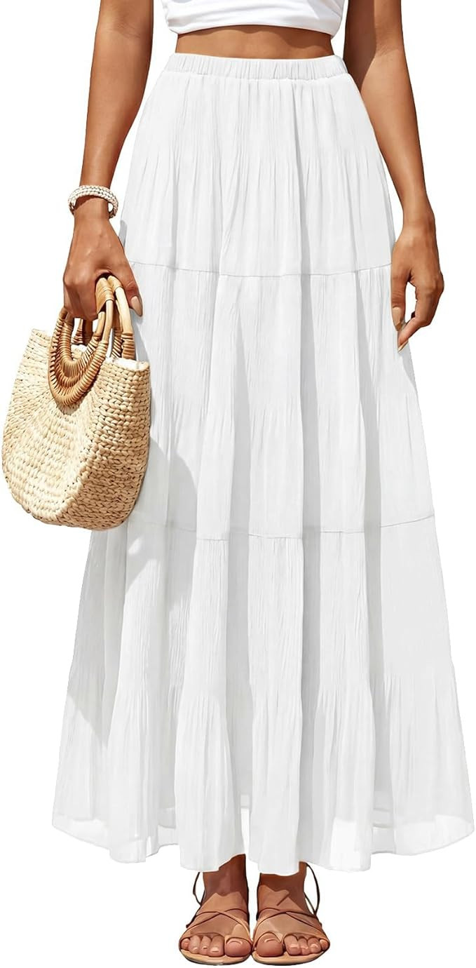 Women's Chiffon Pleated Maxi Skirt Elastic High Waisted Boho A-Line Fall Flowy White Long Skirts ... | Amazon (US)