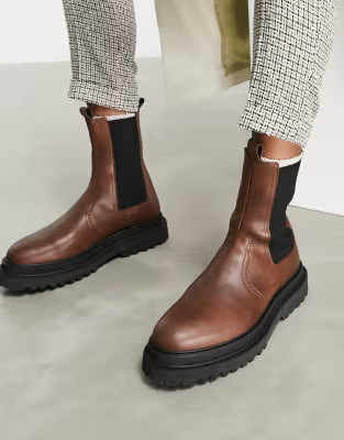 ASOS DESIGN high chelsea calf boots on chunky sole in brown leather | ASOS (Global)
