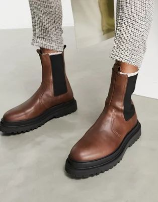 ASOS DESIGN high chelsea calf boots on chunky sole in brown leather | ASOS (Global)