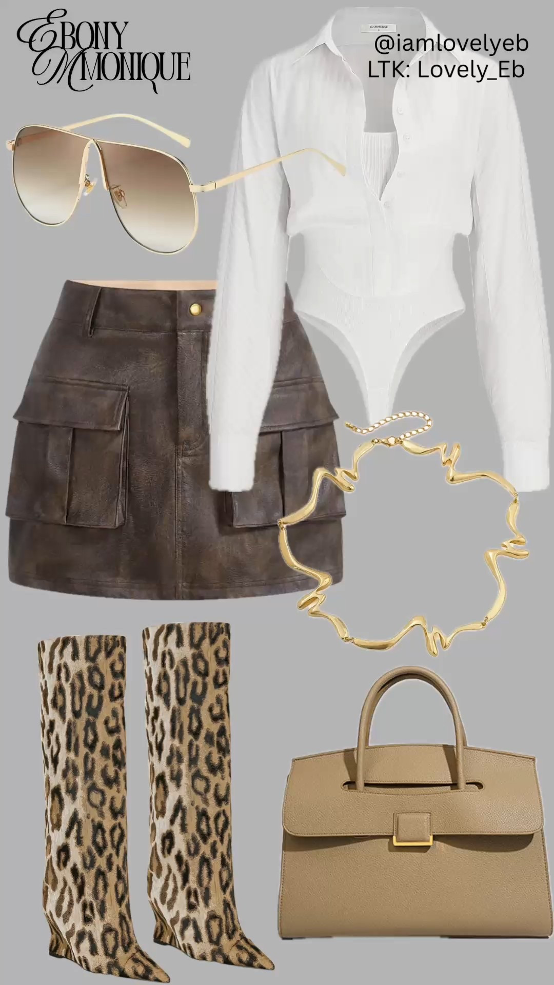 Chic neutral outfit idea featuring a white long-sleeve bodysuit styled with a brown leather cargo mini skirt and statement leopard print knee-high boots. This elevated everyday look is finished with gold jewelry, oversized aviator sunglasses, and a structured taupe top-handle handbag. A perfect outfit for brunch, date night, girls’ night out, or fall-to-spring styling. Ideal for anyone looking for neutral outfits, elevated casual style, leather mini skirt outfits, or leopard boot outfit inspiration.

#LTKootd #LTKU