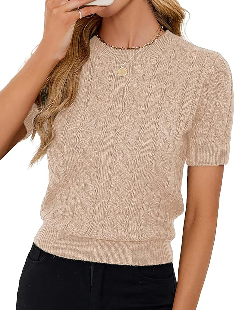 Womens Lightweight Slim Fit Cropped Short Sleeve Sweater Spring 2025 Outfits Crewneck Thin Sheer ... | Amazon (US)